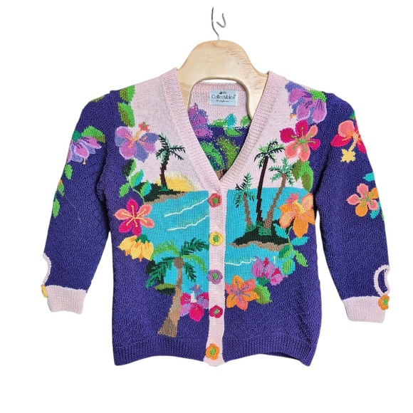 VTG Collectibles by Terri Women's L Tropical Cardigan Sweater Floral Palm Beach - Picture 2 of 7